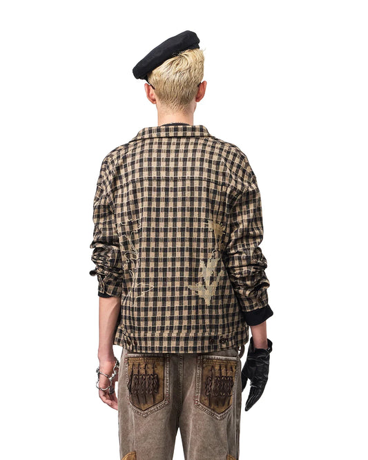 EMO Knit Plaid-Effect Embroidered Jacket