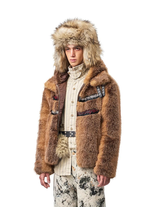 EMO Stand-Collar Hooded Faux-Fur Jacket