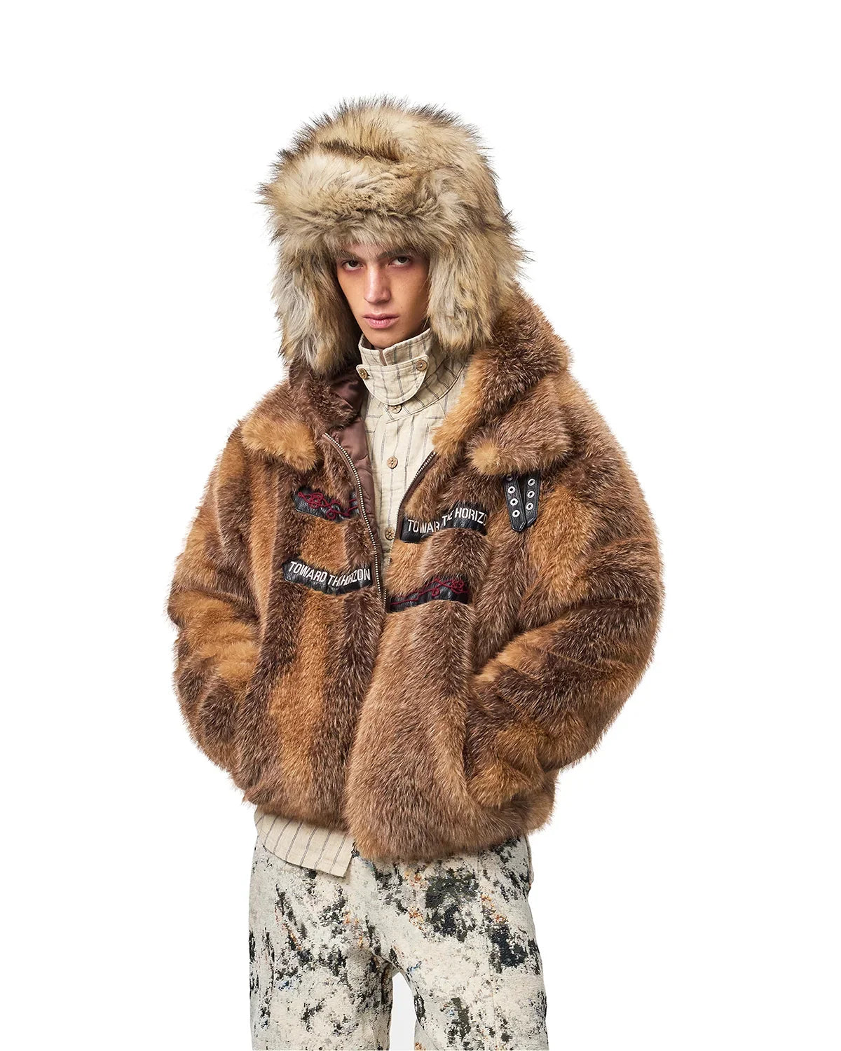 EMO Stand-Collar Hooded Faux-Fur Jacket