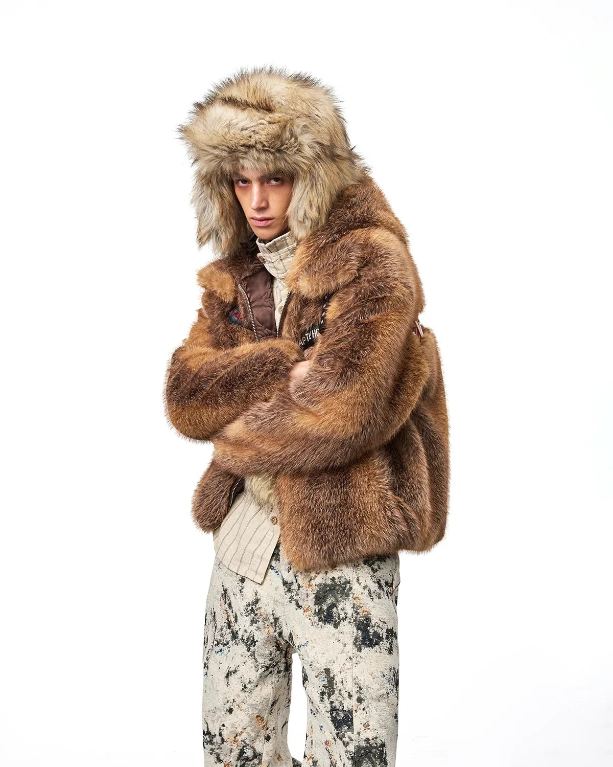 EMO Stand-Collar Hooded Faux-Fur Jacket