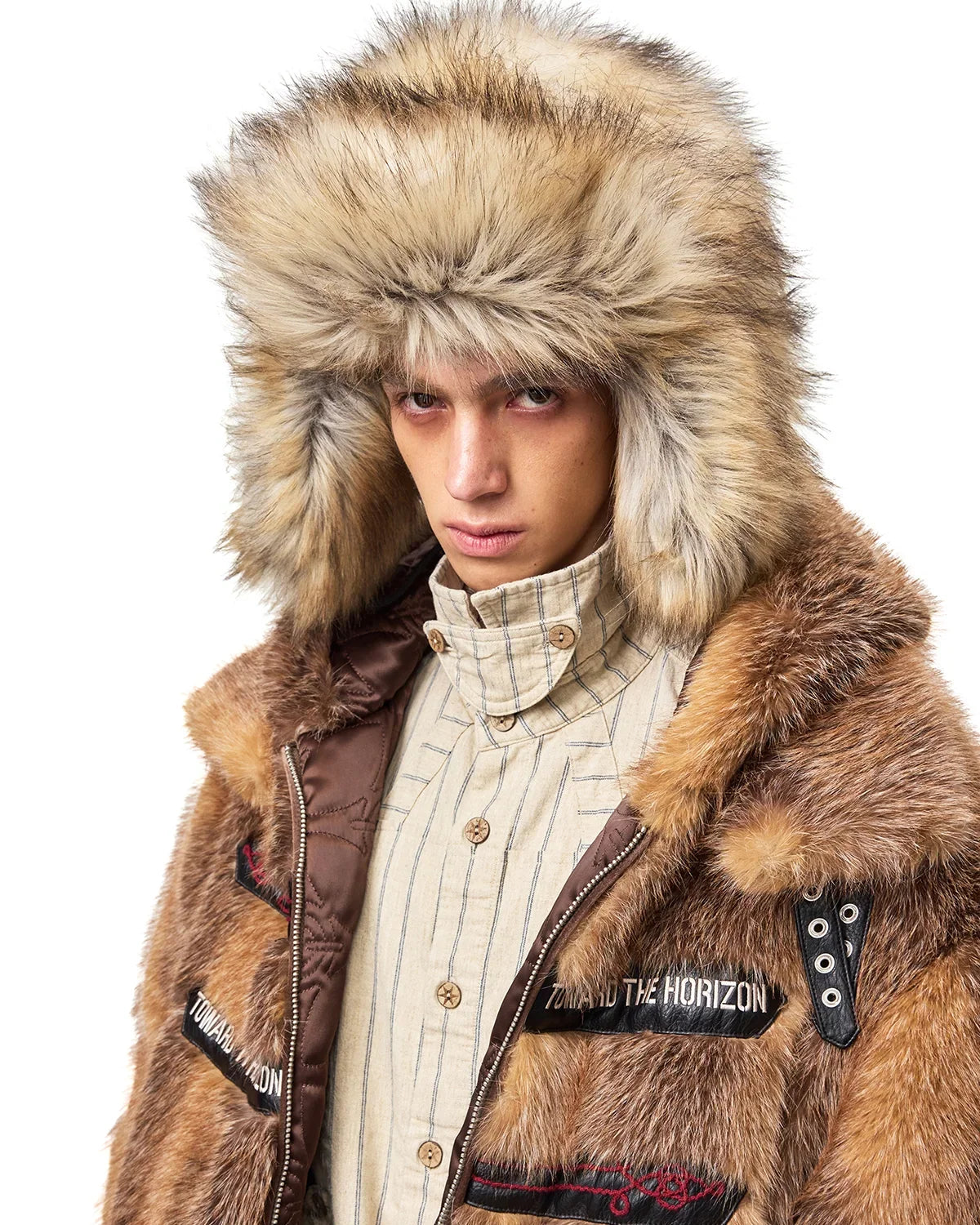 EMO Stand-Collar Hooded Faux-Fur Jacket