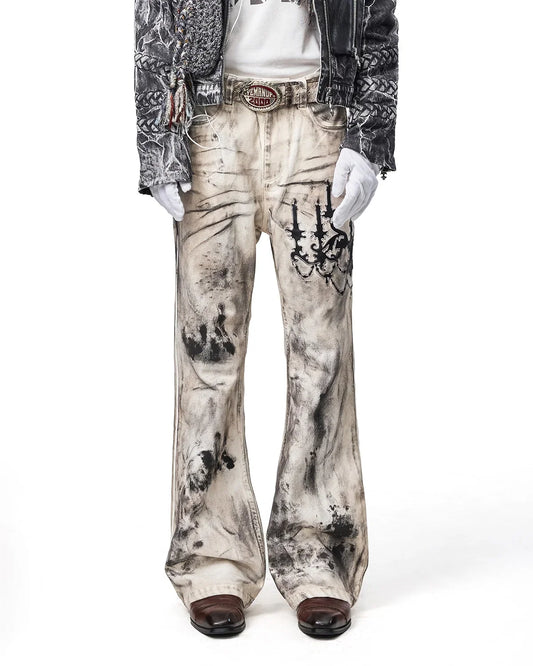EMO Leather-Appliqué Embroidered Flare Jeans