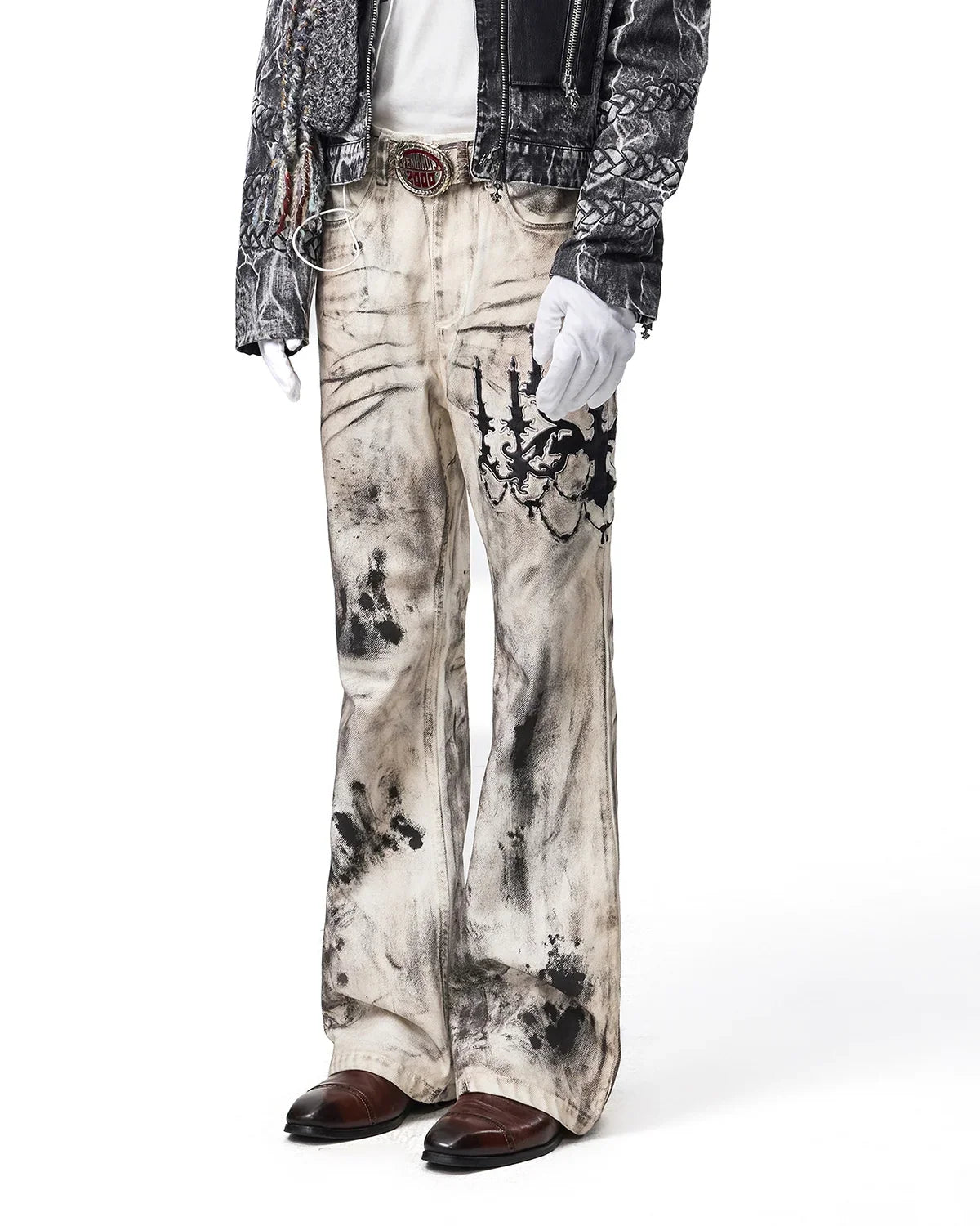 EMO Leather-Appliqué Embroidered Flare Jeans