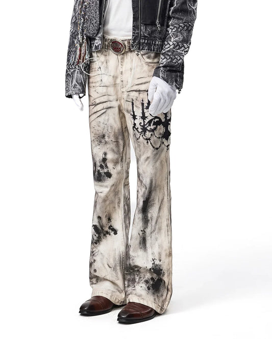EMO Leather-Appliqué Embroidered Flare Jeans