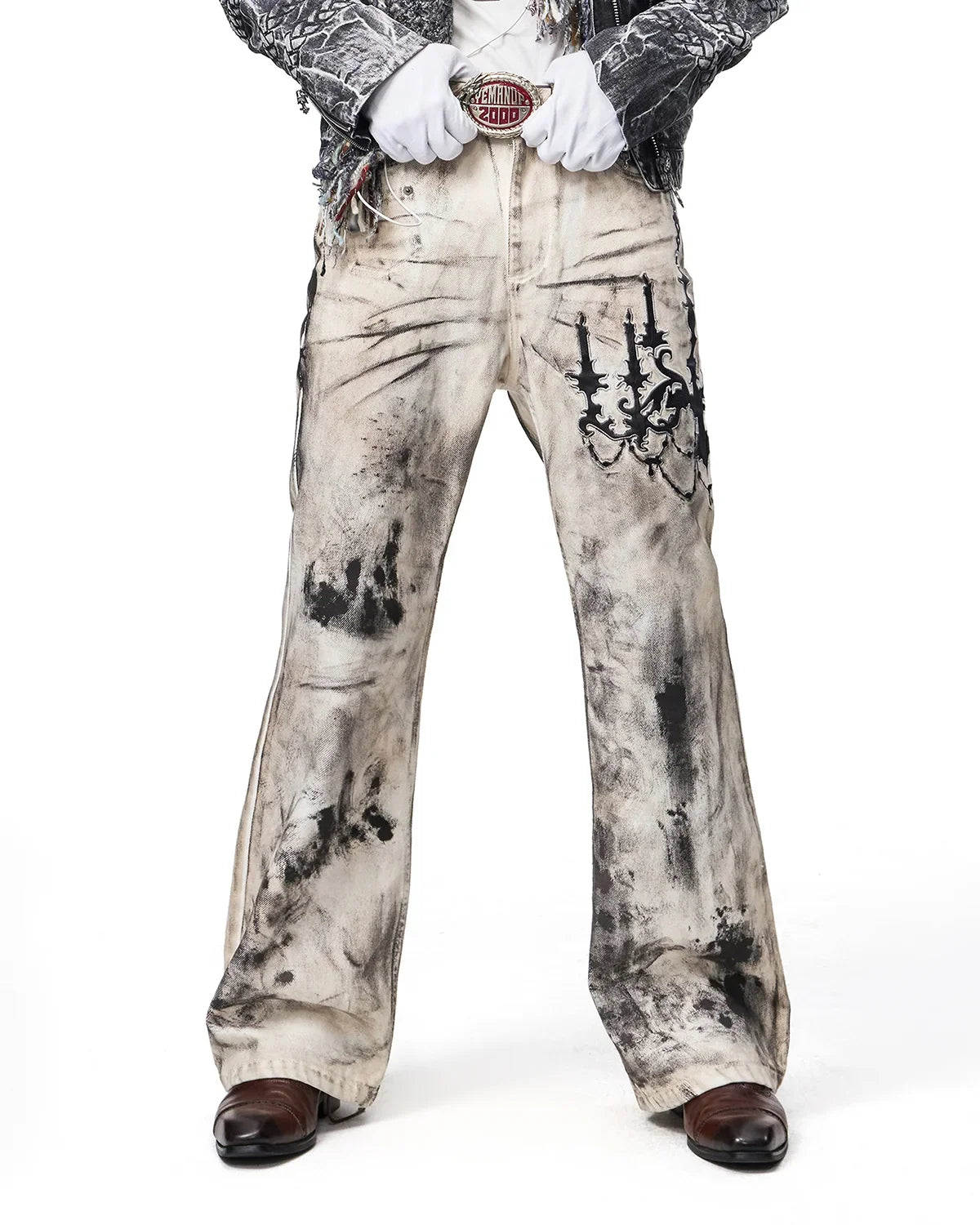 EMO Leather-Appliqué Embroidered Flare Jeans