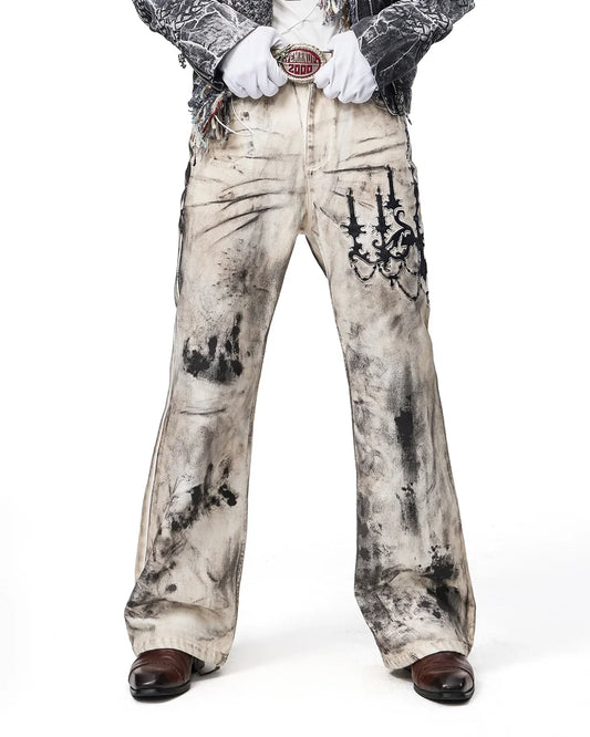 EMO Leather-Appliqué Embroidered Flare Jeans