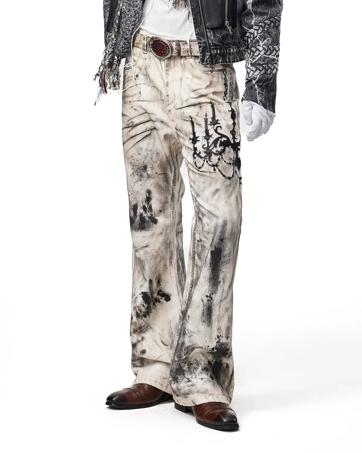 EMO Leather-Appliqué Embroidered Flare Jeans