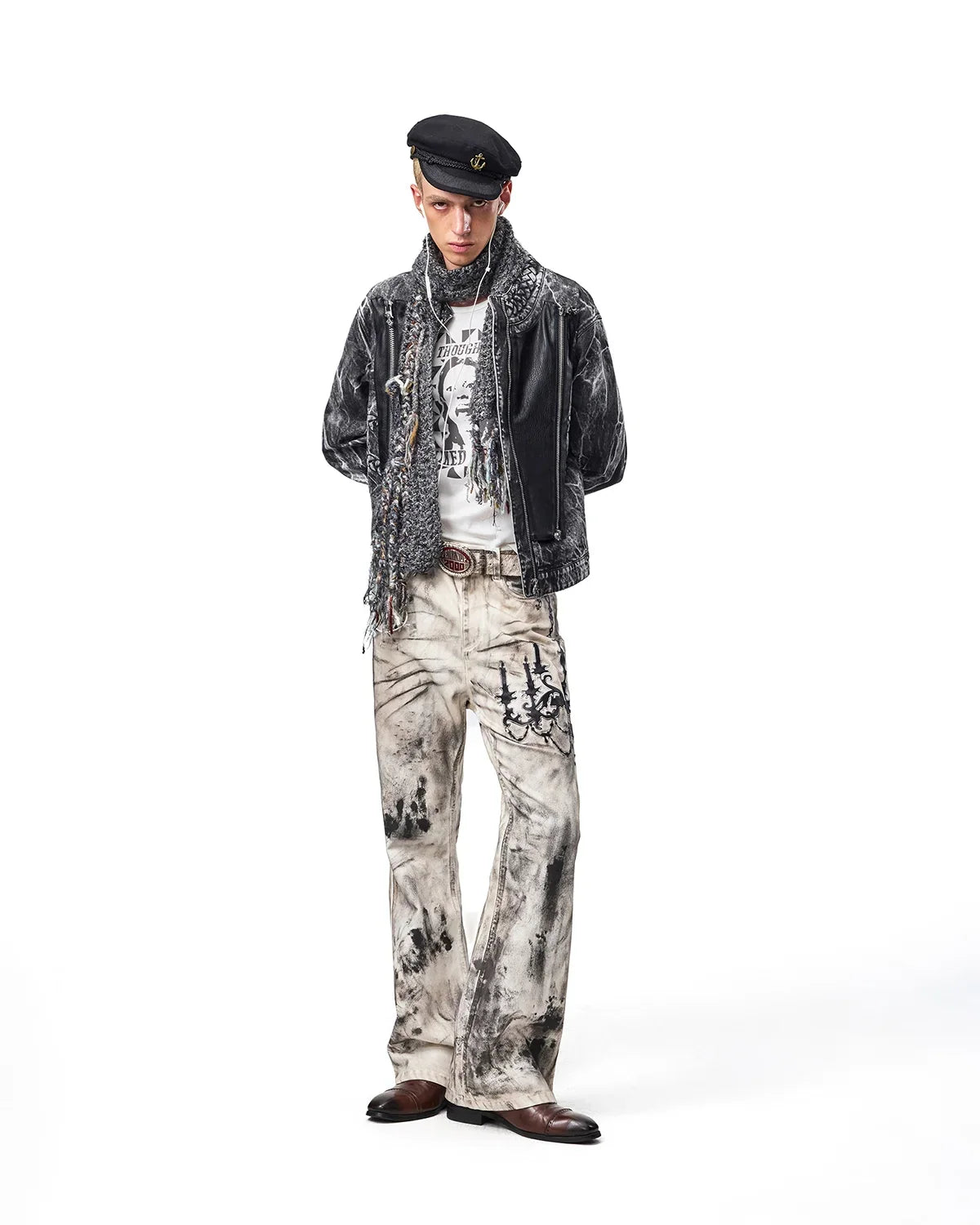 EMO Leather-Appliqué Embroidered Flare Jeans