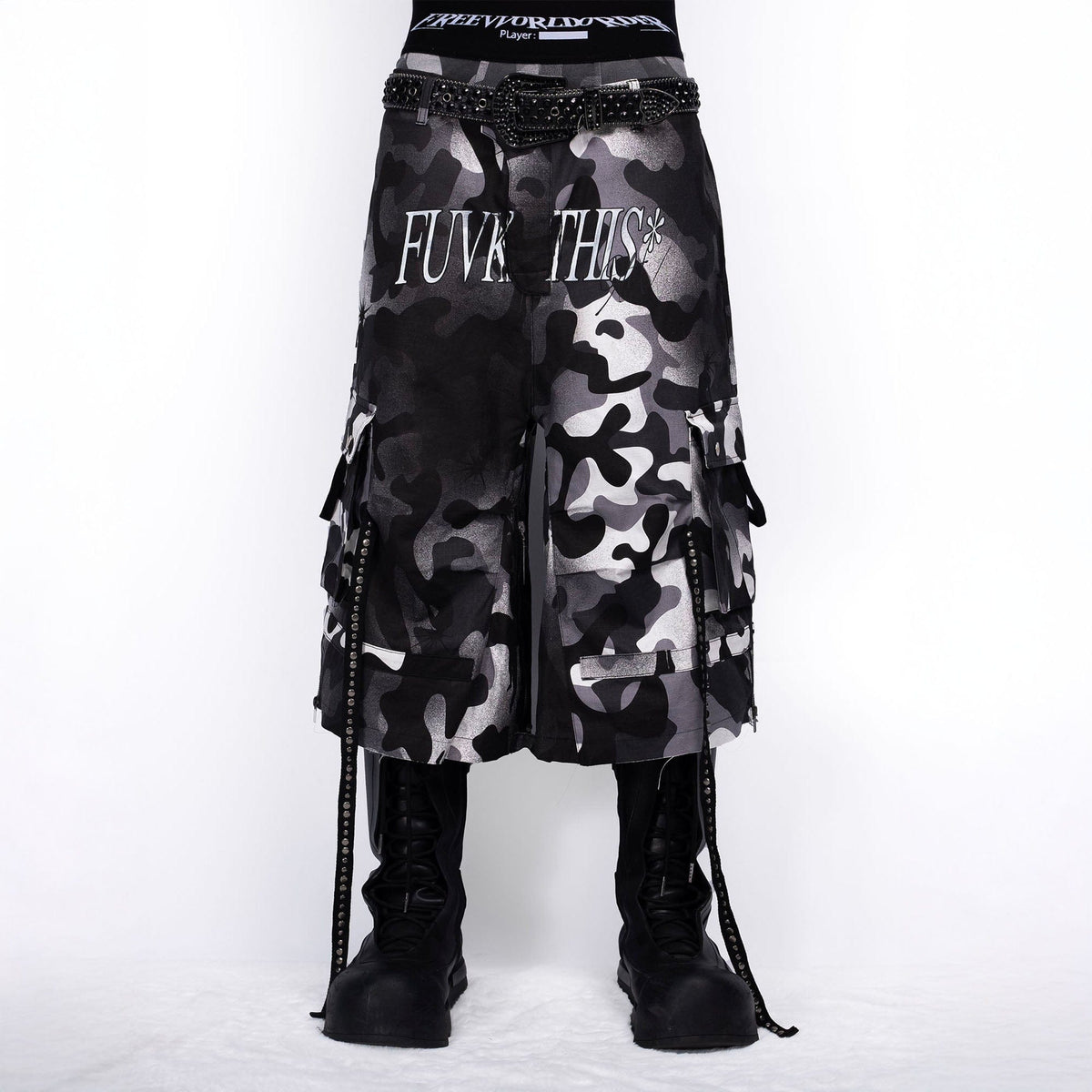 FVVO Distressed Rivet Strap Cargo Shorts Camo