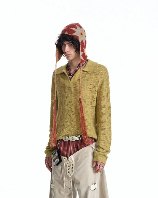 EMO Open-Neck Diamond Knit Relaxed Polo