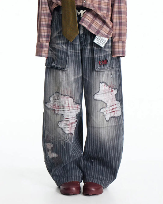 EMO Vertical Stripe Ripped Retro Jeans