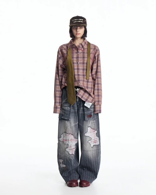 EMO Vertical Stripe Ripped Retro Jeans
