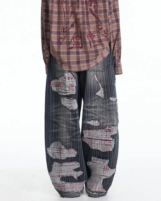 EMO Vertical Stripe Ripped Retro Jeans