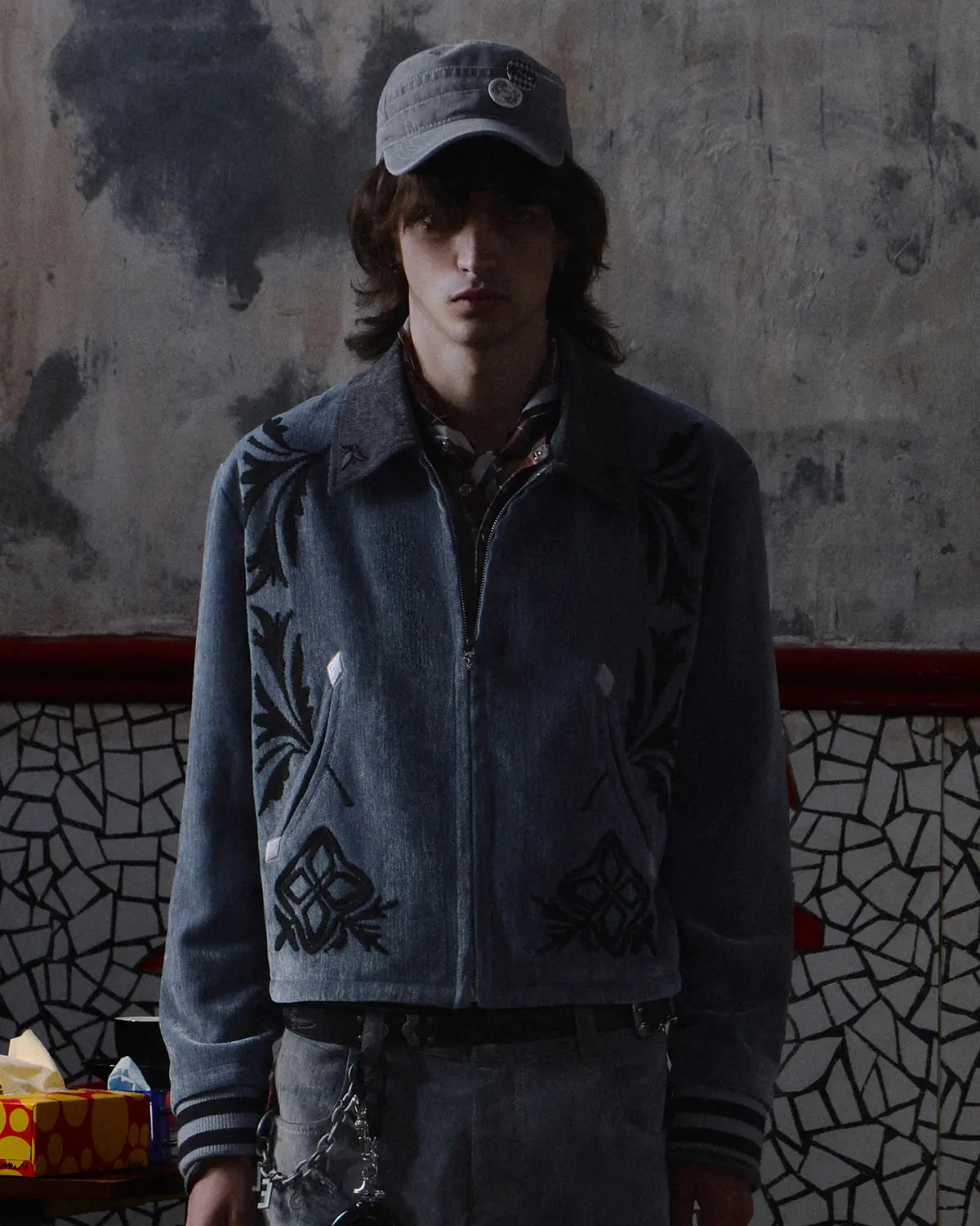 EMO Vintage Velvet Panel Baseball Jacket