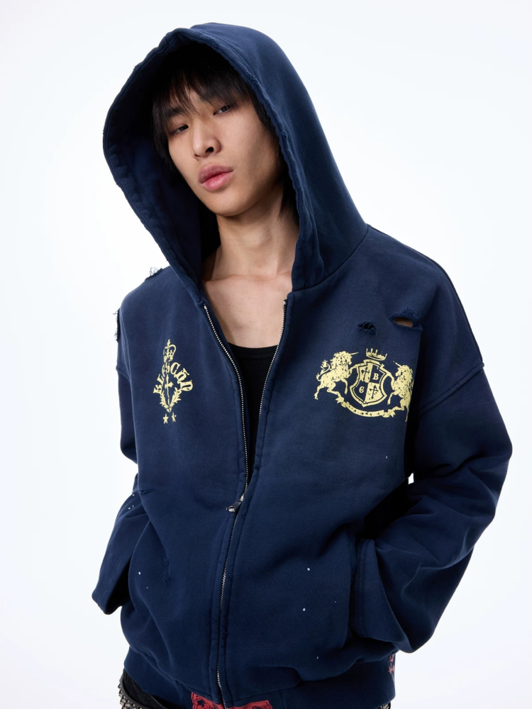 Washed Vintage Print Hoodie With Zipper