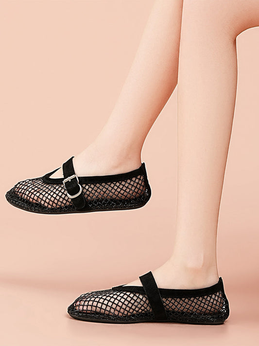 EBLAN Black Woven Mesh Mary Jane Flats