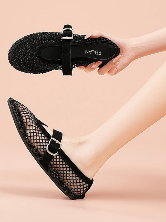 EBLAN Black Woven Mesh Mary Jane Flats