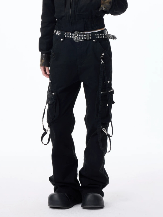 Flare Solid Color Studded Cargo Pants