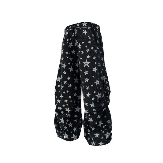 RELABEL Washed Star Full-Print Pleated Wide-Leg Jeans