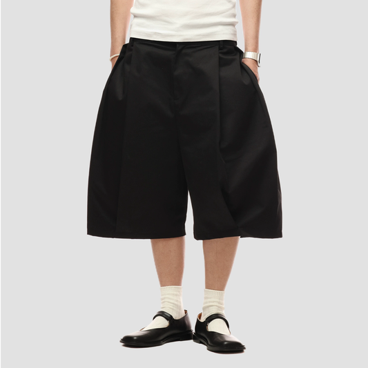 6CRAYON Retro Double-Pleat Wide-Leg Shorts Black