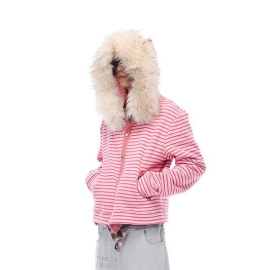 WHISTLEHUNTER Striped Detachable-Fur Hooded Jacket