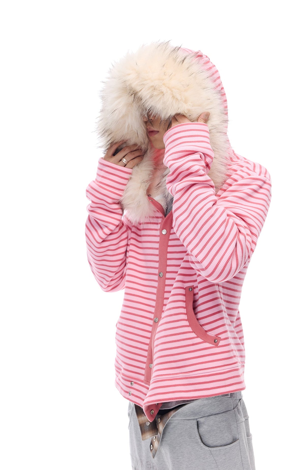 WHISTLEHUNTER Striped Detachable-Fur Hooded Jacket