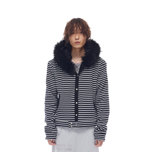 WHISTLEHUNTER Striped Detachable-Fur Hooded Jacket