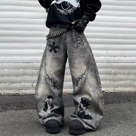 YIZILINGF Dirty-Dye Full-Print Curved Baggy Jeans