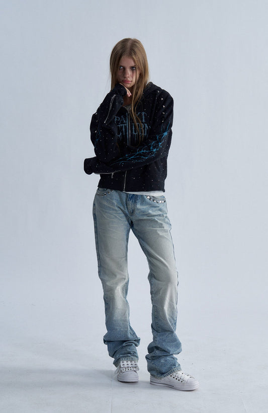 PAIKI Studded Rhinestone Zip-Up Hoodie