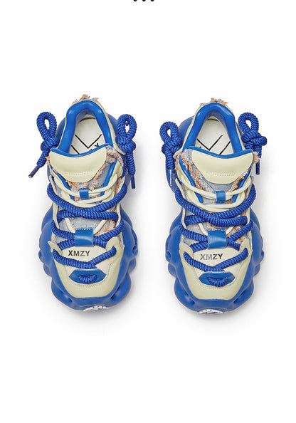 Blue Street-Style Leather Dad Sneakers