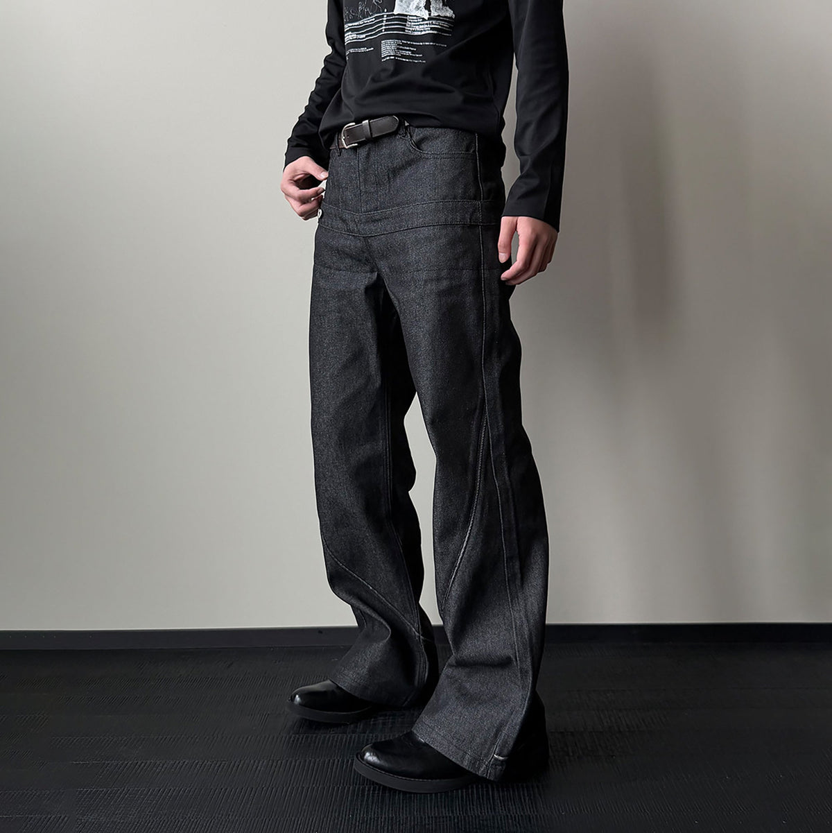 KREATE Double-Waistband Raw Denim Straight-Leg Jeans