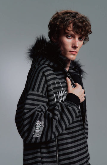 PAIKI Striped Ribbed Hooded Cardigan Sweater