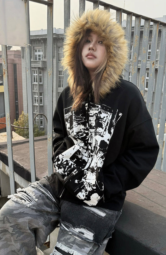 PAIKI Retro Band Graphic Faux Fur Collar Zip-Up Hoodie
