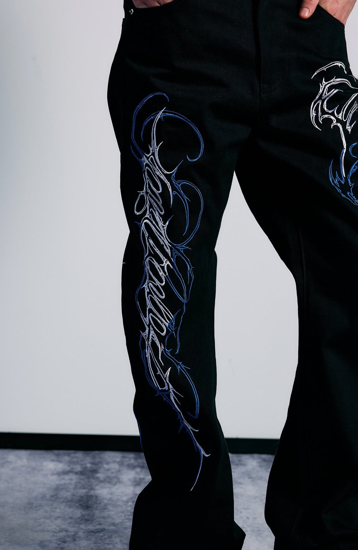 PAIKI Embroidered Thorn Floral Raw Selvedge Straight-Leg Jeans