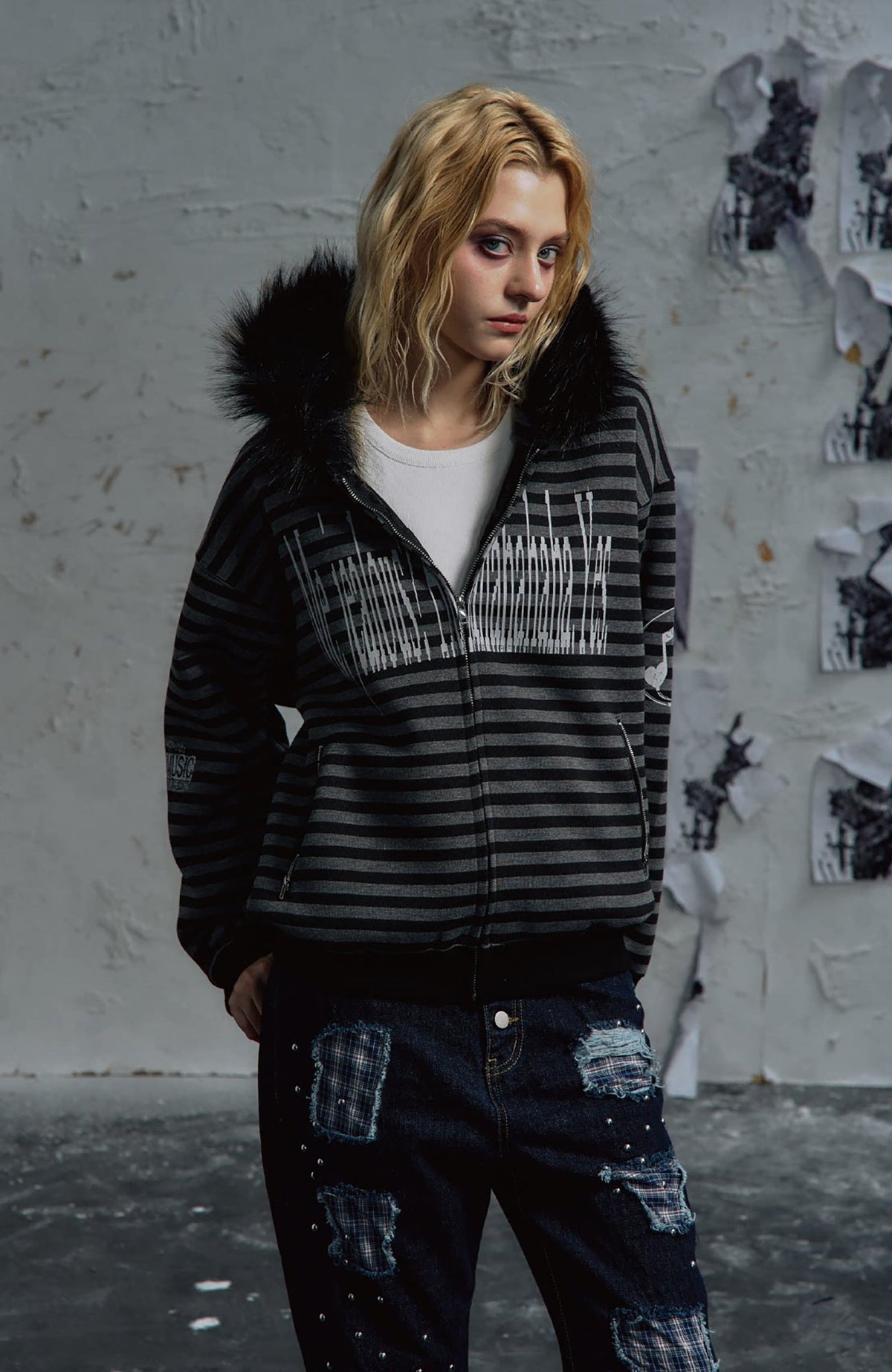 PAIKI Striped Ribbed Hooded Cardigan Sweater
