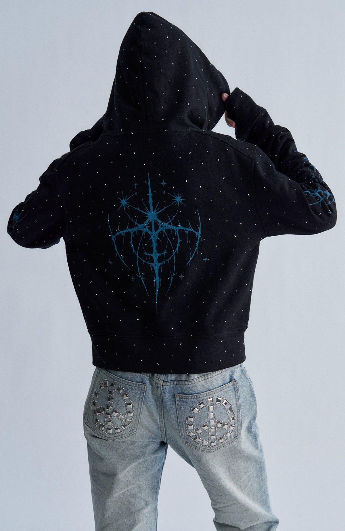 PAIKI Studded Rhinestone Zip-Up Hoodie