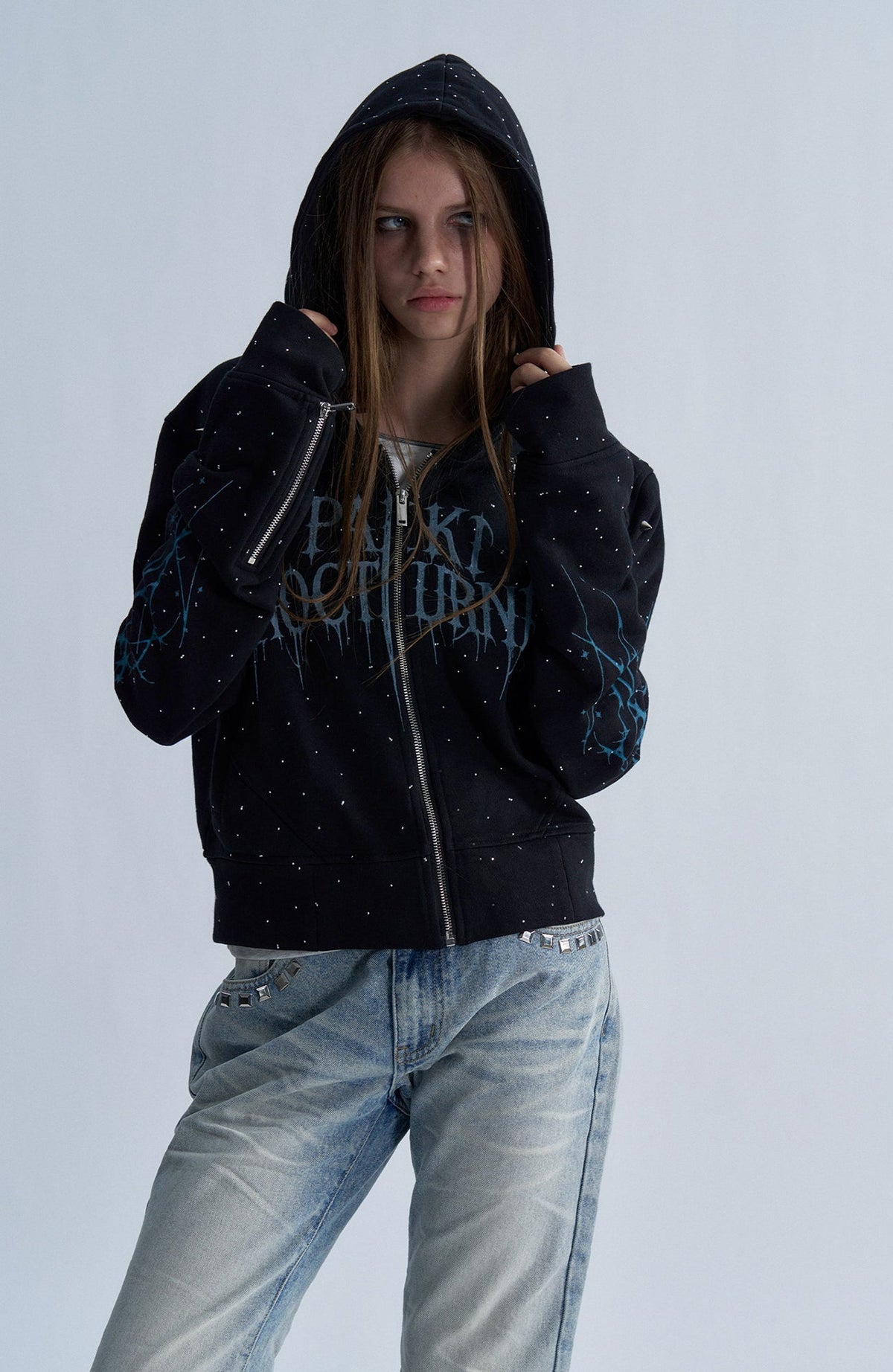 PAIKI Studded Rhinestone Zip-Up Hoodie