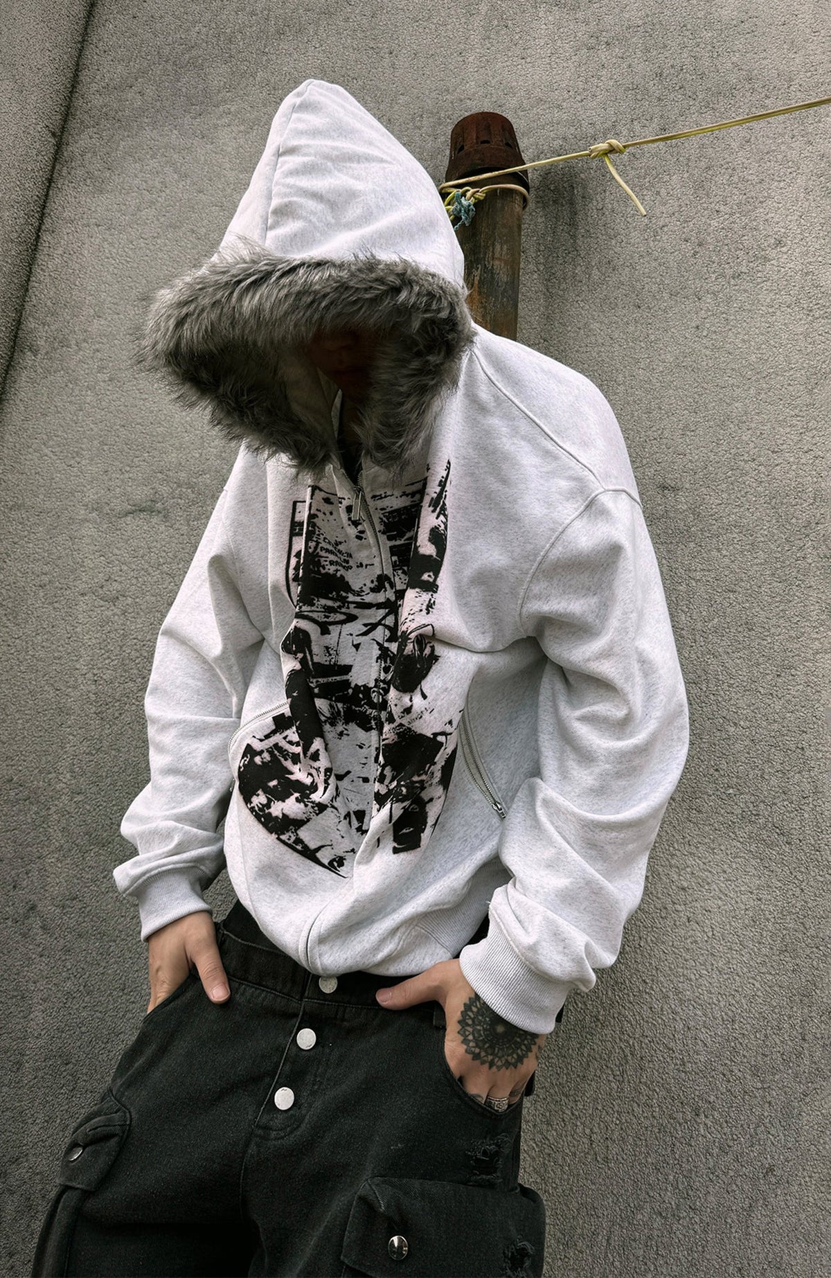 PAIKI Retro Band Graphic Faux Fur Collar Zip-Up Hoodie
