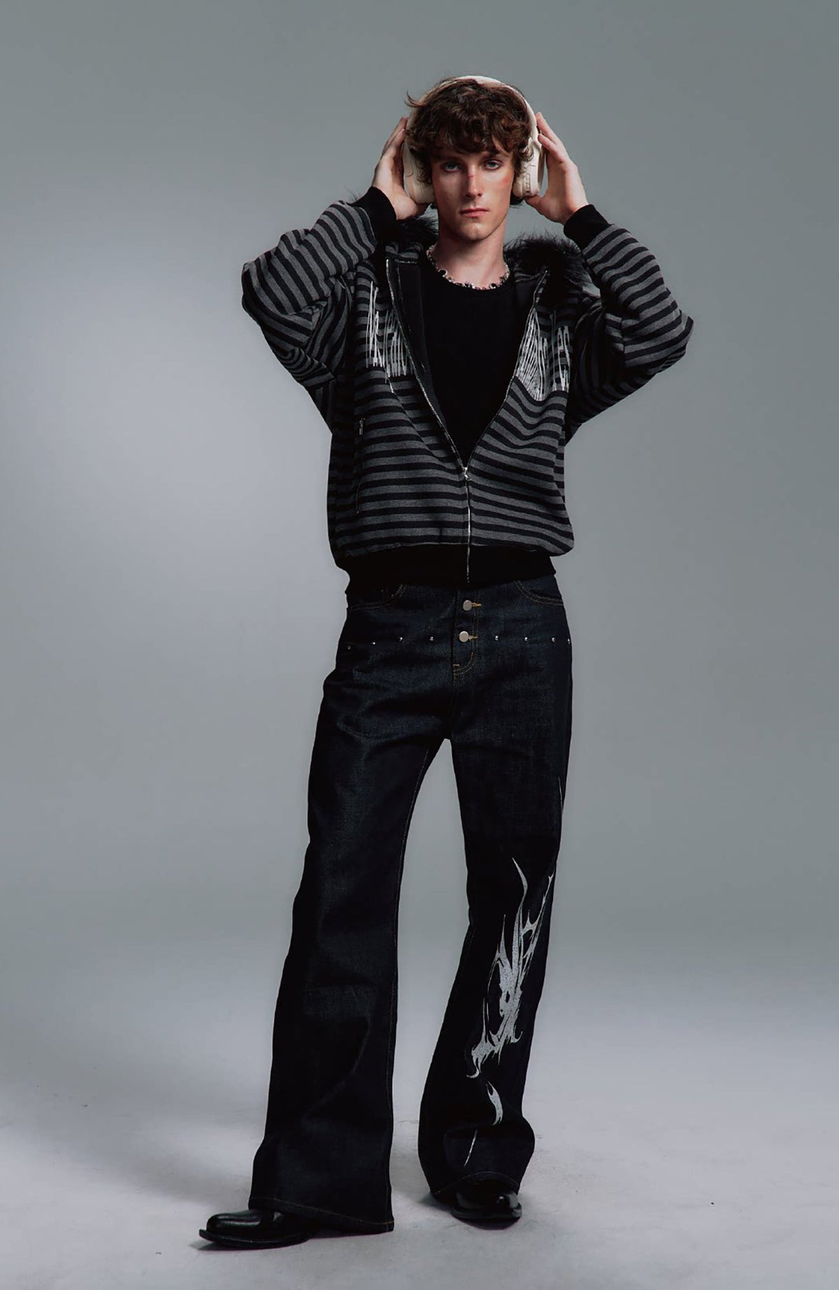 PAIKI Striped Ribbed Hooded Cardigan Sweater
