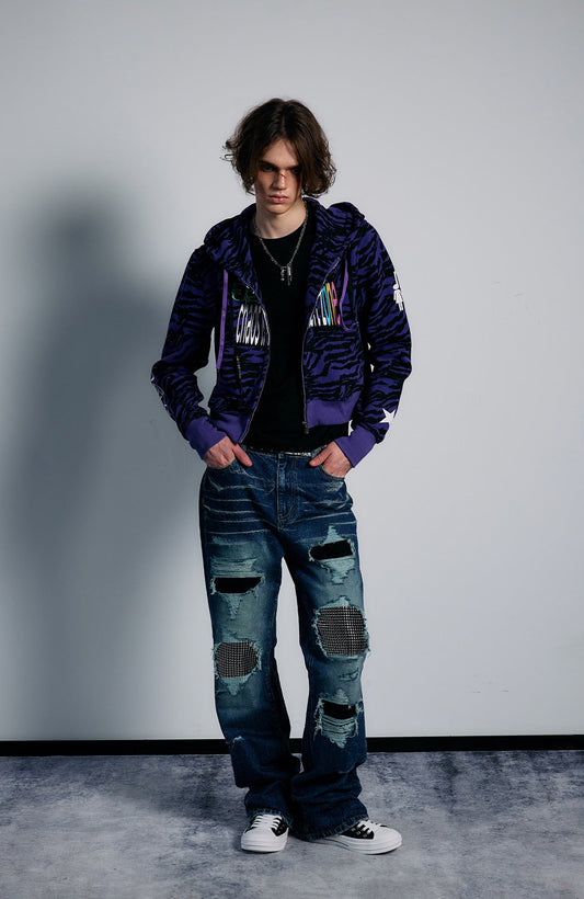PAIKI Purple Tiger Graphic Zip-Up Hoodie