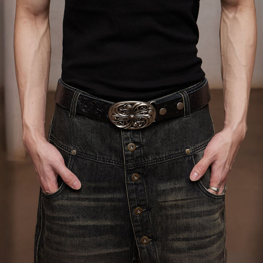 DND4DES Floral Buckle Embossed Leather Belt