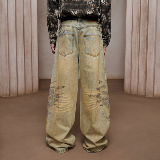 DND4DES Dirty-Washed Diamond Wide-Leg Jeans Yellow