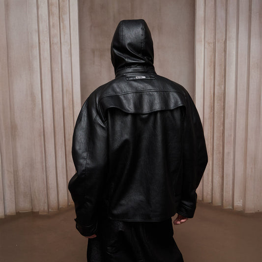 DND4DES Retro Buckle Faux Leather Hooded Jacket