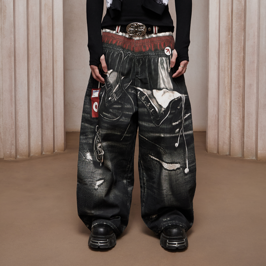 DND4DES Triple-Waist Graphic Wide-Leg Denim Pants