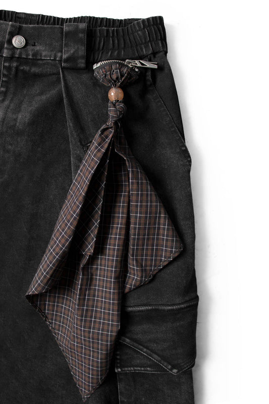 RELABEL Detachable Scarf Washed Multi-Pocket Wide-Leg Shorts Black