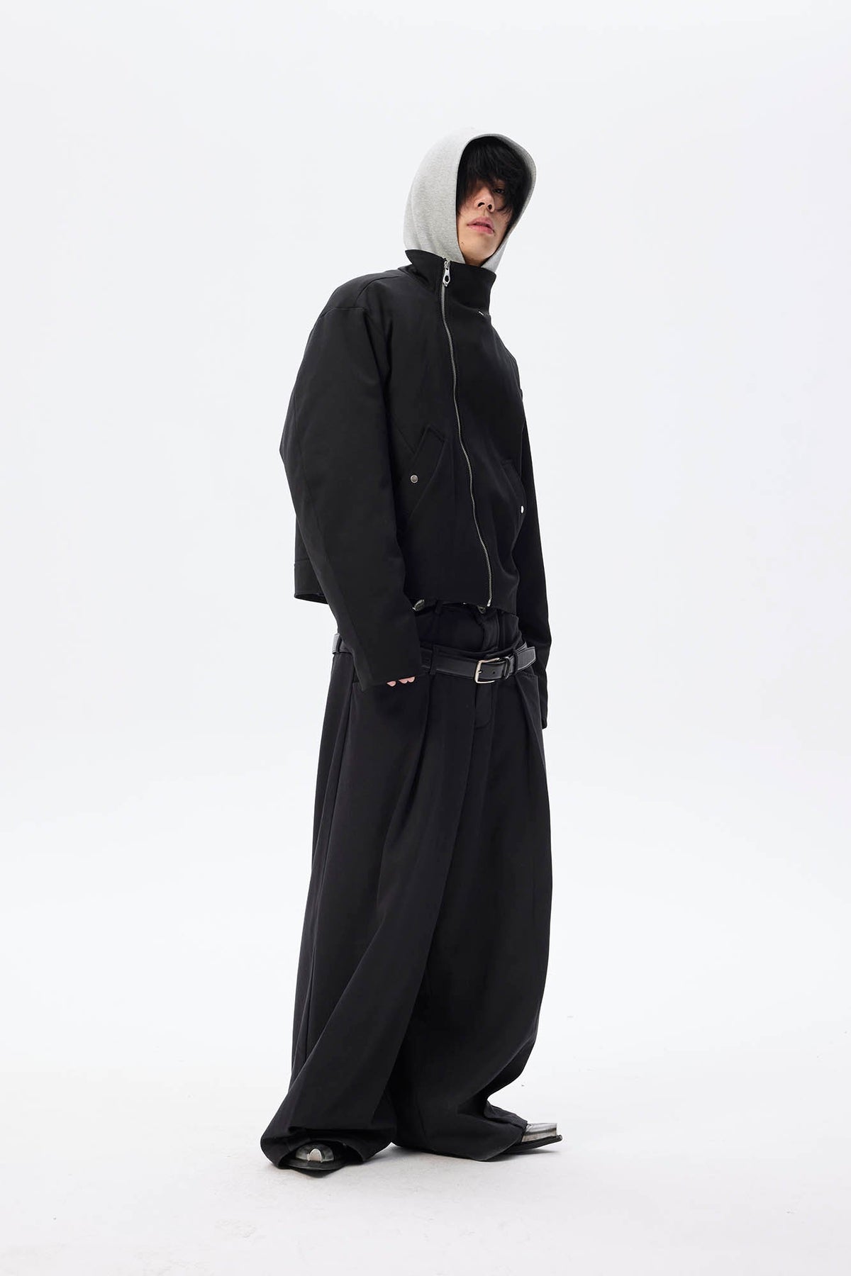 WHISTLEHUNTER Asymmetrical Zipper Detachable Hooded Layered Jacket