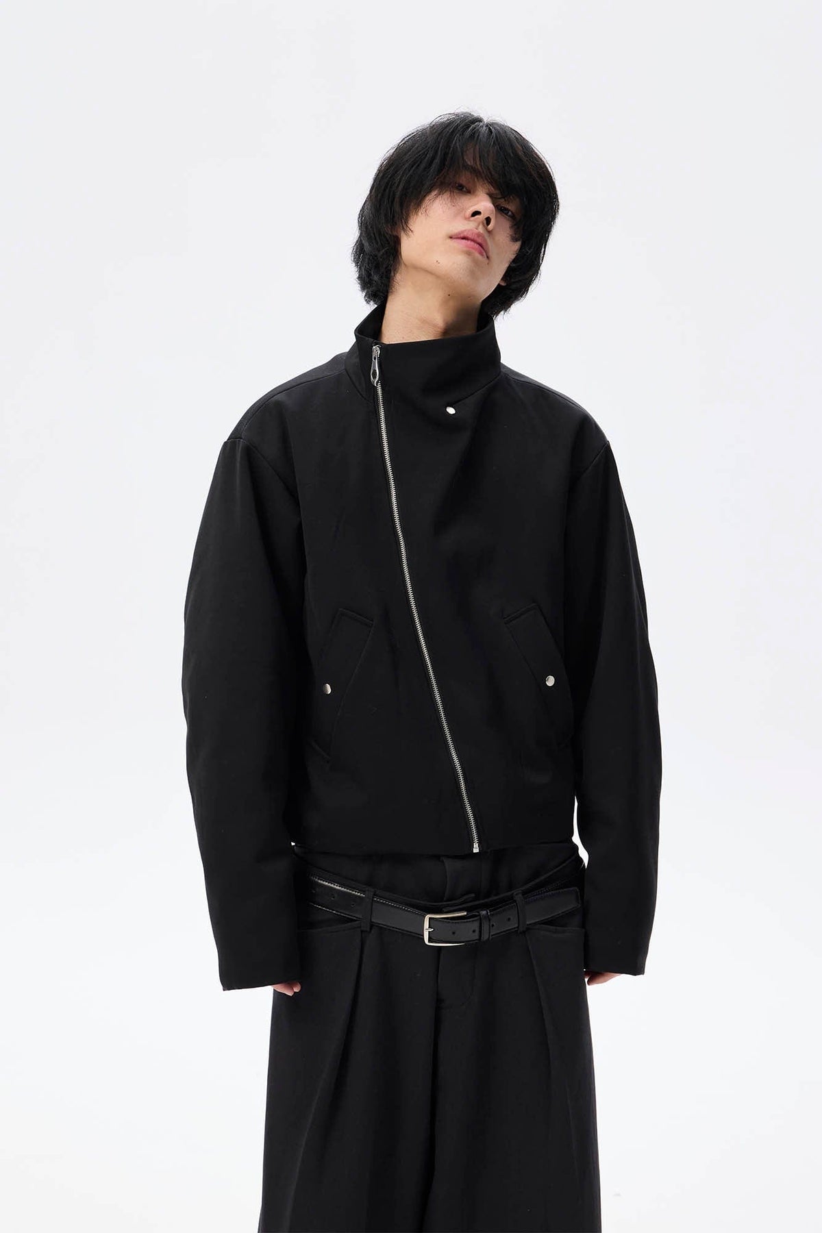 WHISTLEHUNTER Asymmetrical Zipper Detachable Hooded Layered Jacket