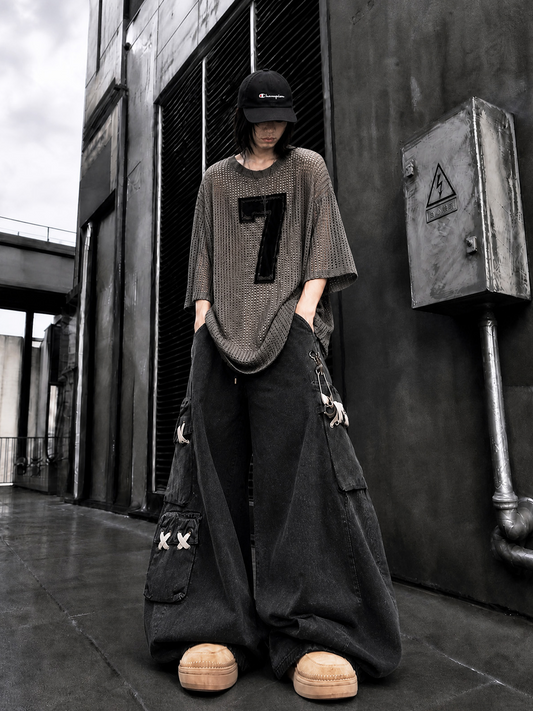 UUCSCC Multi-Pocket Curved Wide-Leg Denim Cargo Pants