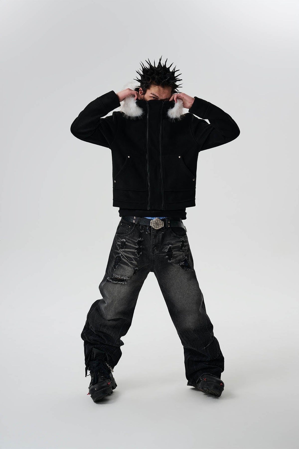 SAVAGEGROWTHWORLD Detachable Fur Collar Double-Zipper Coat