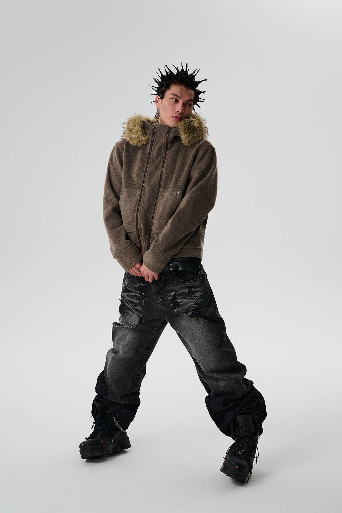 SAVAGEGROWTHWORLD Detachable Fur Collar Double-Zipper Coat